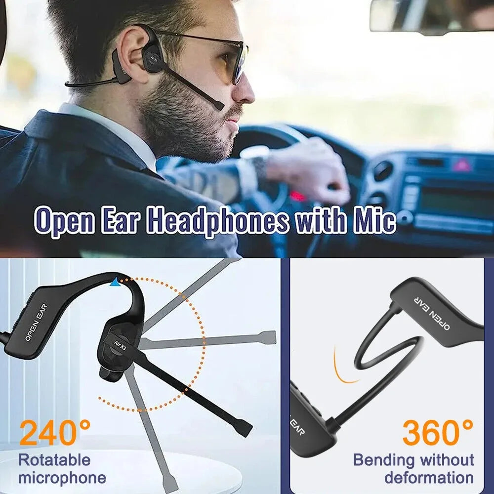 Bluetooth 5.3 Open Ear Wireless Headset With Dual Noise Cancelling Mic Bone Conduction Headphones for Trucker Driver Office Calls