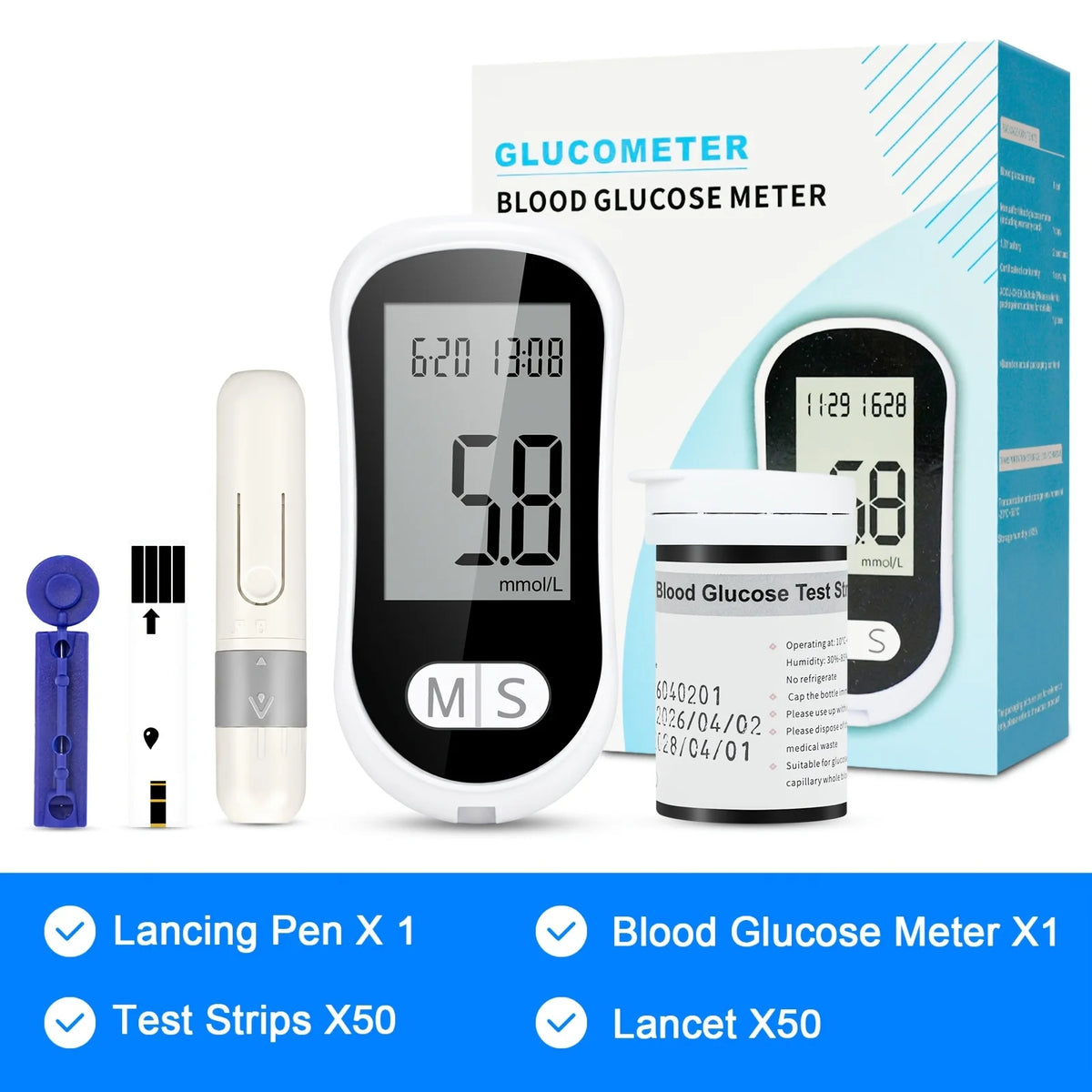 Blood Glucose Meter Glucometer Medical Diabetes Tester Blood Sugar Monitor Device with 50 Test Strips 50 Lancets Lancing Pen No Coding Auto Ejection Dual User Memory LED Large Screen Electronic Health Care Monitor System for