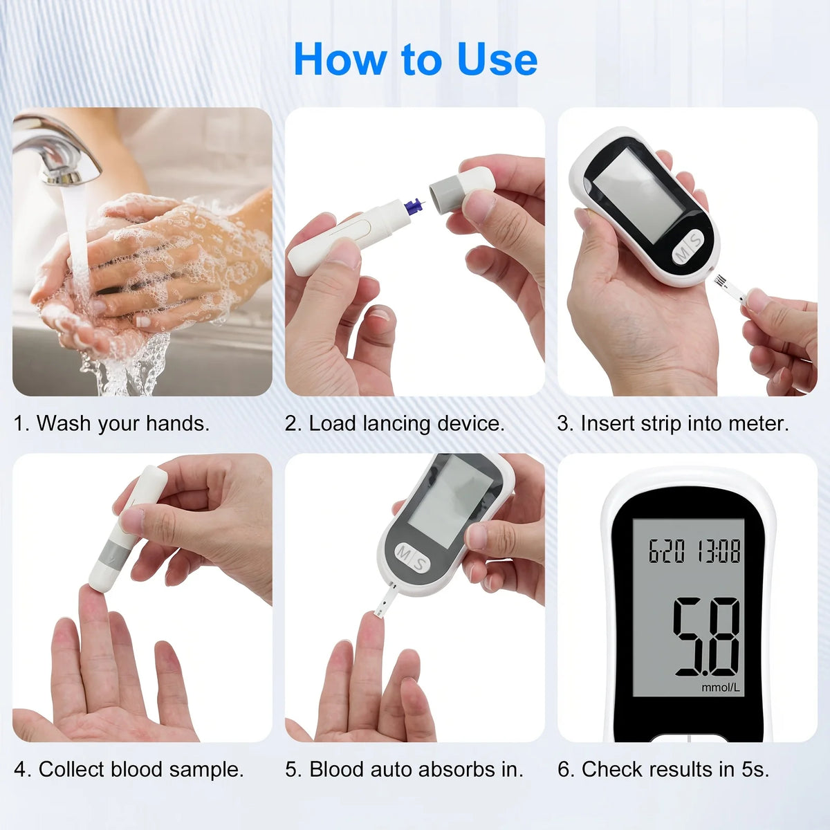 Blood Glucose Meter Glucometer Medical Diabetes Tester Blood Sugar Monitor Device with 50 Test Strips 50 Lancets Lancing Pen No Coding Auto Ejection Dual User Memory LED Large Screen Electronic Health Care Monitor System for