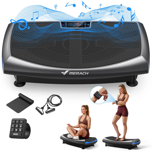 Merach 4D Vibration Plate Exercise Machine Full Body Workout Equipment Shake Board with 450lbs Capacity 120 Speeds 7 Vibrating Modes & 3 Presets 2 Resistance Bands Bluetooth Vibration Fitness Platform for Weight Loss Fat Burn