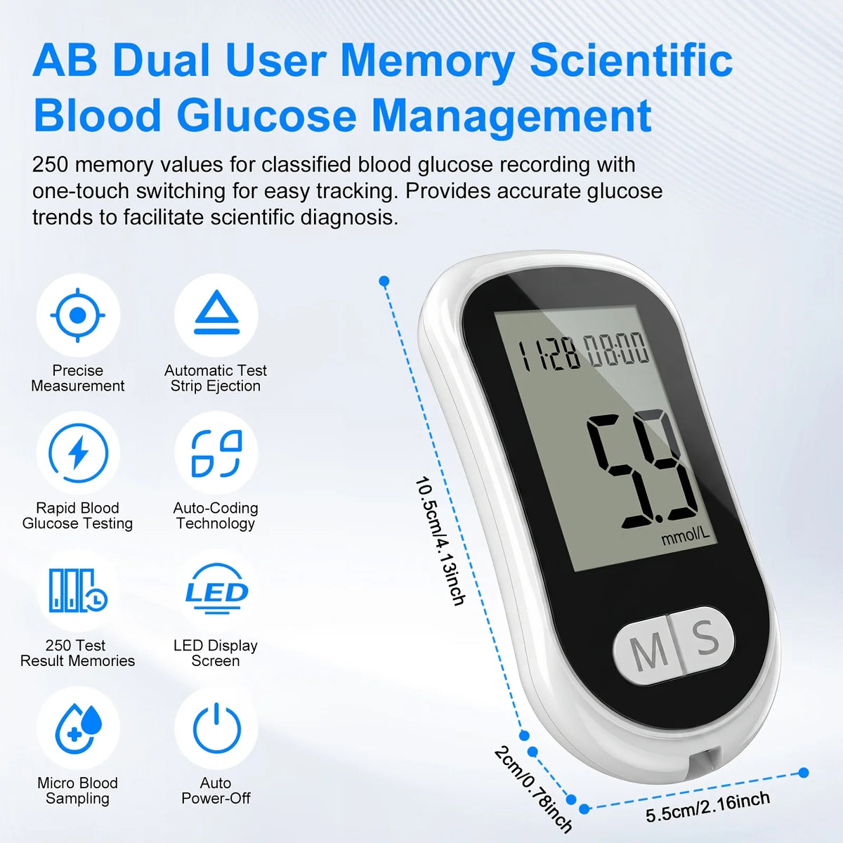 Blood Glucose Meter Glucometer Medical Diabetes Tester Blood Sugar Monitor Device with 50 Test Strips 50 Lancets Lancing Pen No Coding Auto Ejection Dual User Memory LED Large Screen Electronic Health Care Monitor System for