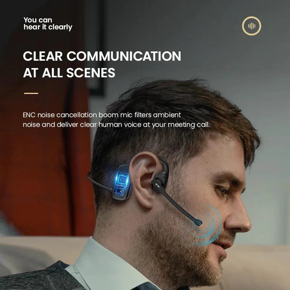 Bluetooth 5.3 Open Ear Wireless Headset With Dual Noise Cancelling Mic Bone Conduction Headphones for Trucker Driver Office Calls