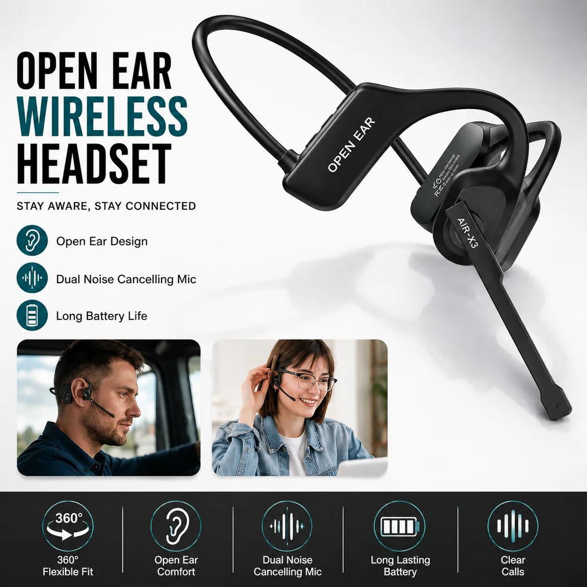 Bluetooth 5.3 Open Ear Wireless Headset With Dual Noise Cancelling Mic Bone Conduction Headphones for Trucker Driver Office Calls