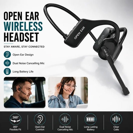 Bluetooth 5.3 Open Ear Wireless Headset With Dual Noise Cancelling Mic Bone Conduction Headphones for Trucker Driver Office Calls