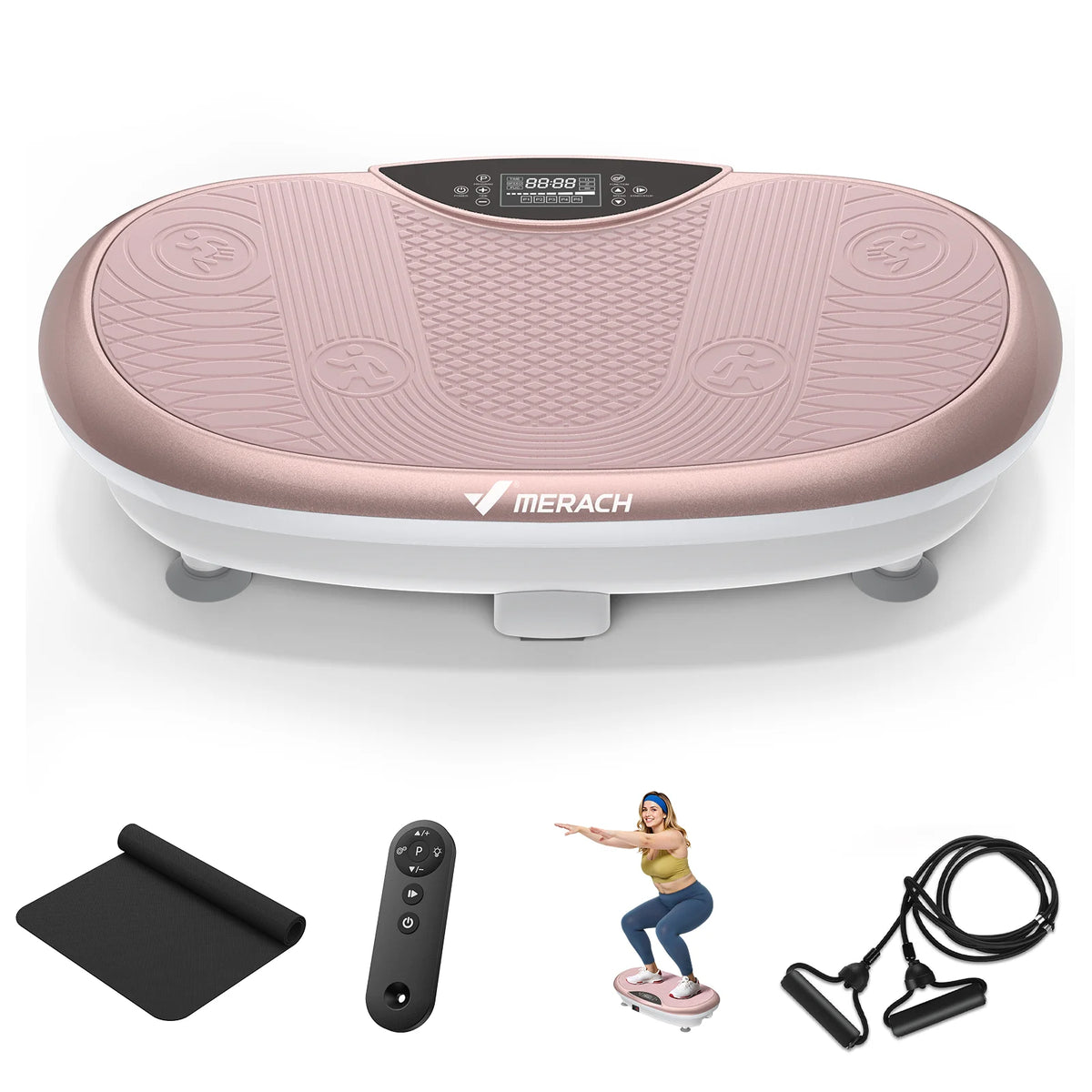 Merach 4D Vibration Plate Exercise Machine Full Body Workout Equipment Shake Board with 450lbs Capacity 120 Speeds 7 Vibrating Modes & 3 Presets 2 Resistance Bands Bluetooth Vibration Fitness Platform for Weight Loss Fat Burn