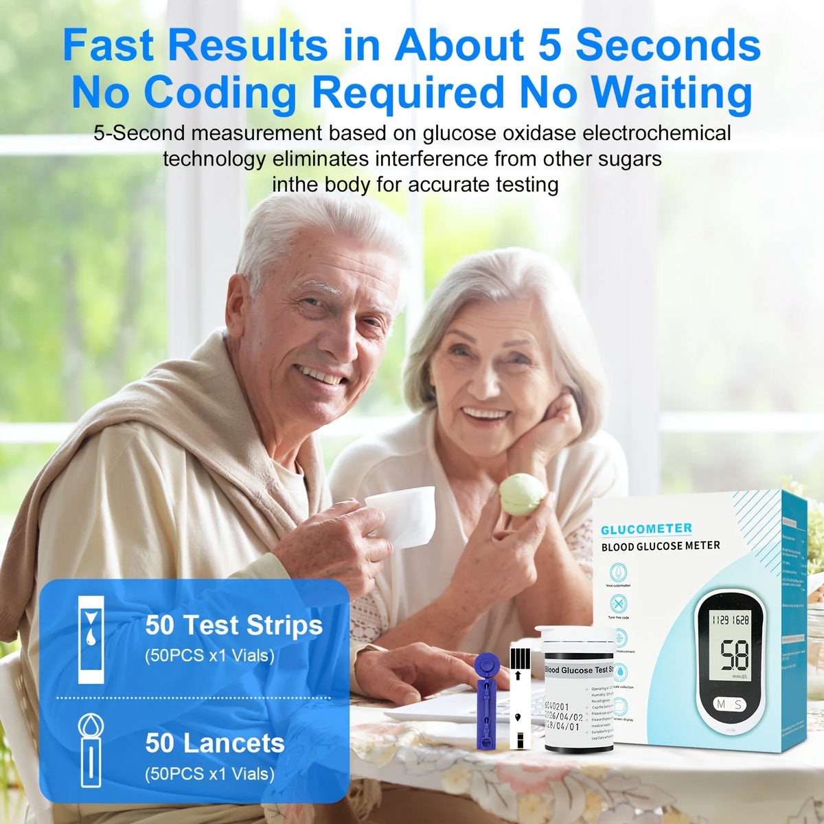 Blood Glucose Meter Glucometer Medical Diabetes Tester Blood Sugar Monitor Device with 50 Test Strips 50 Lancets Lancing Pen No Coding Auto Ejection Dual User Memory LED Large Screen Electronic Health Care Monitor System for