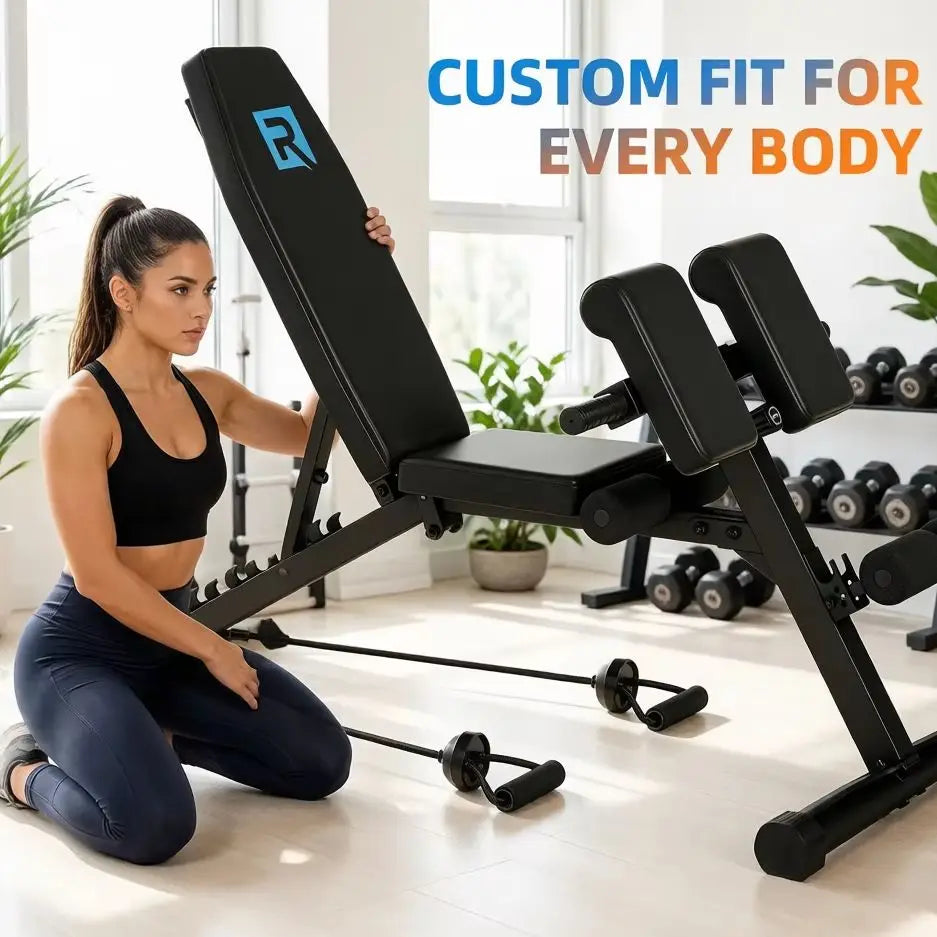 Adjustable Multi-Purpose Home Gym Weight Bench | 10 Gear Seat Adjustment & 6-Grade Backrest Incline | 5mm Heavy Steel Triangular Frame 660L lbs Load Limit | 2 Resistance Bands + Suction Anti-Slip Feet | Full Body Training Dum