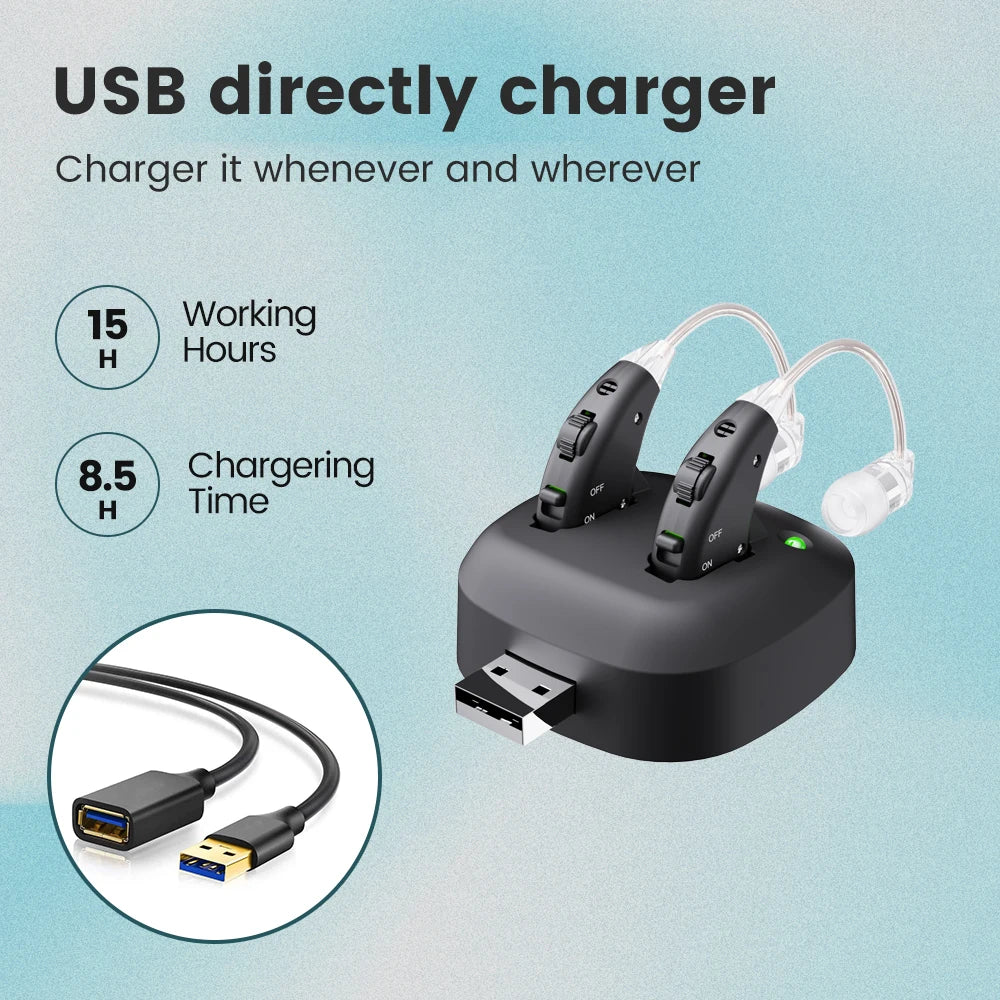 JINGHAO Rechargeable Hearing Aids Ear Aids Hearing Amplifier Behind The Ear Sound Enhance Device -Black