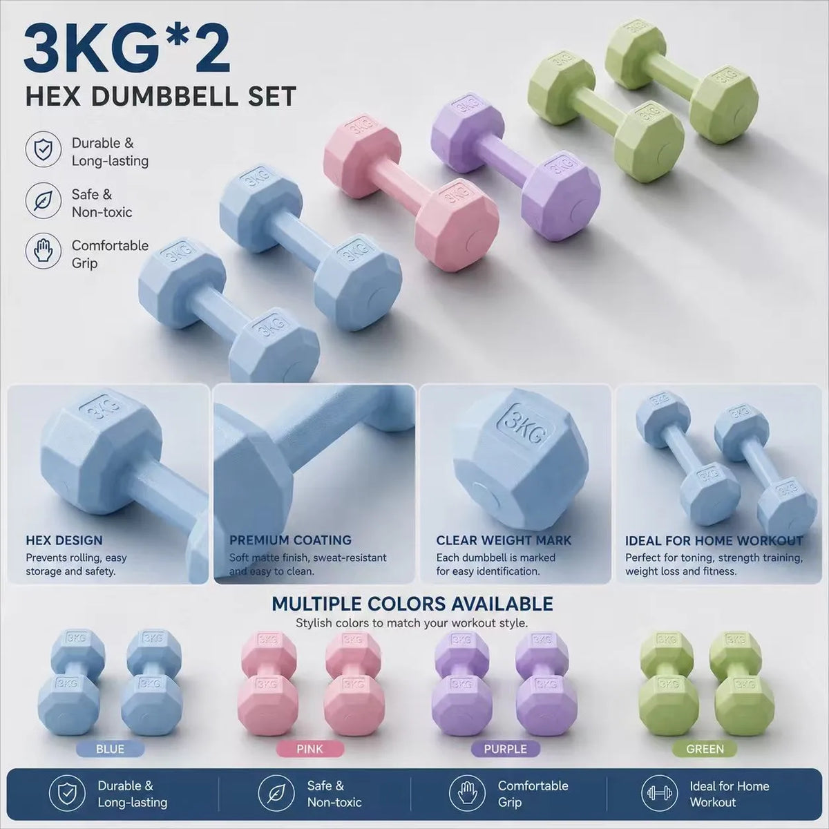 Pack of 2 6.61LB stylish dumbbells | Smooth non-slip coating, durable cement fitness equipment, stylish strength training gadgets, suitable for home workouts and muscle shaping, ideal for fitness enthusiasts