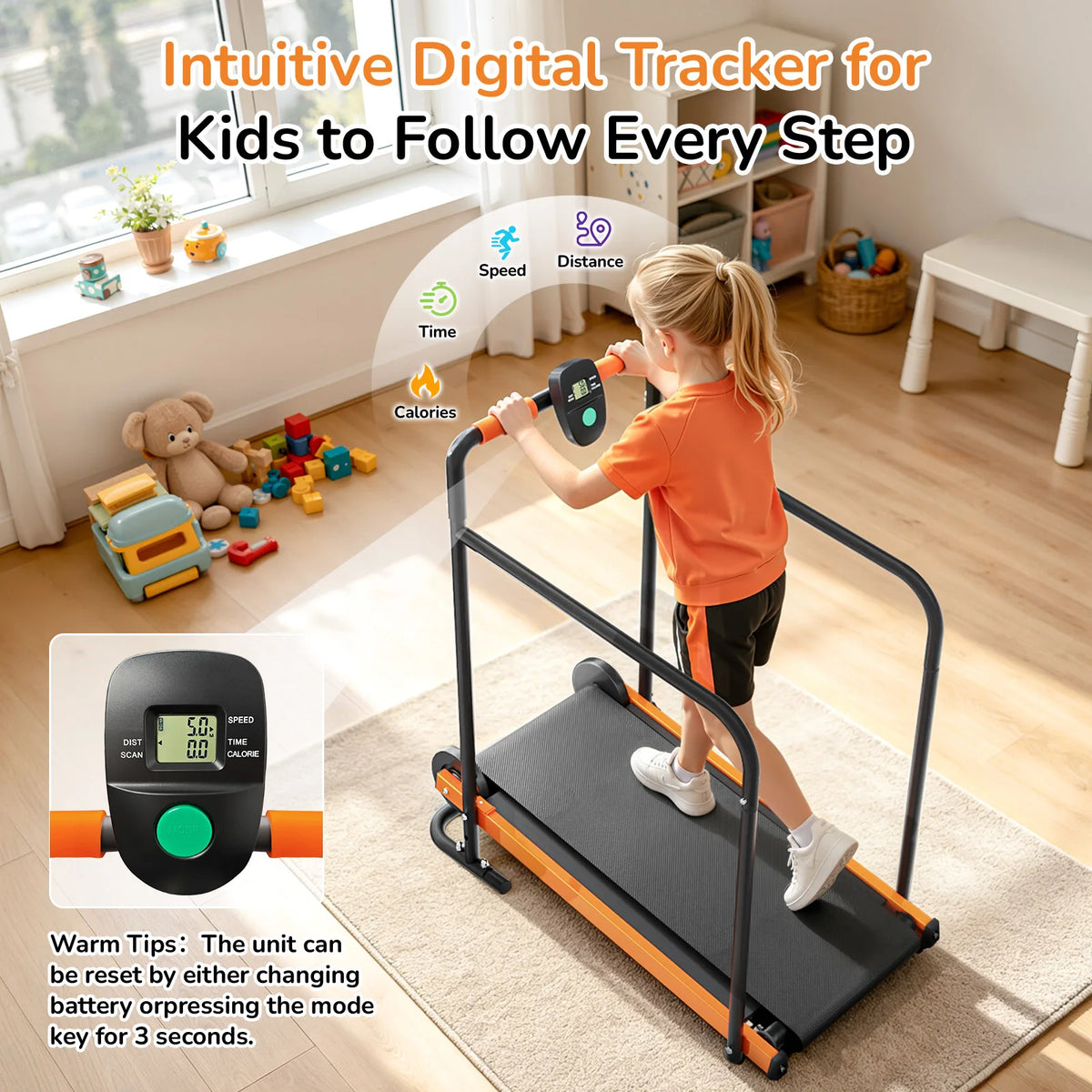 AKLUER Kids Walking Pad Treadmill - Non-Electric Indoor Exercise Equipment for Boys & Girls, Self-Propelled Fitness Toy with Front Padded Rails, Safe Active Play Gym for Home Use