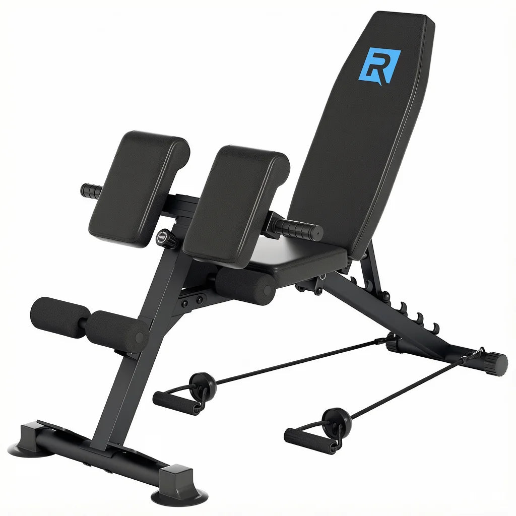 Adjustable Multi-Purpose Home Gym Weight Bench | 10 Gear Seat Adjustment & 6-Grade Backrest Incline | 5mm Heavy Steel Triangular Frame 660L lbs Load Limit | 2 Resistance Bands + Suction Anti-Slip Feet | Full Body Training Dum