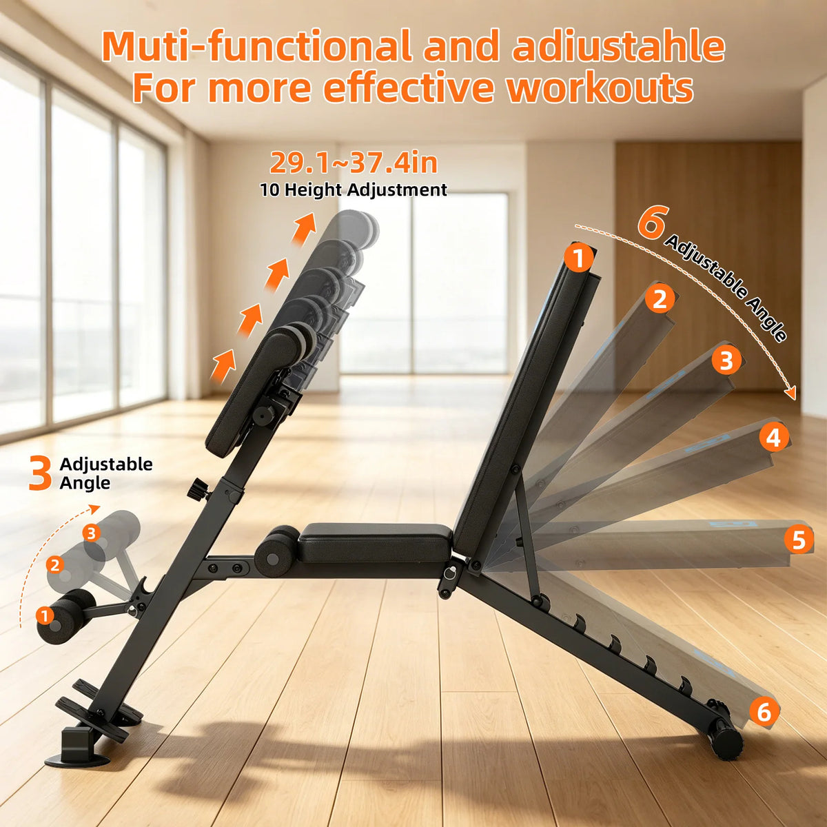 Adjustable Multi-Purpose Home Gym Weight Bench | 10 Gear Seat Adjustment & 6-Grade Backrest Incline | 5mm Heavy Steel Triangular Frame 660L lbs Load Limit | 2 Resistance Bands + Suction Anti-Slip Feet | Full Body Training Dum