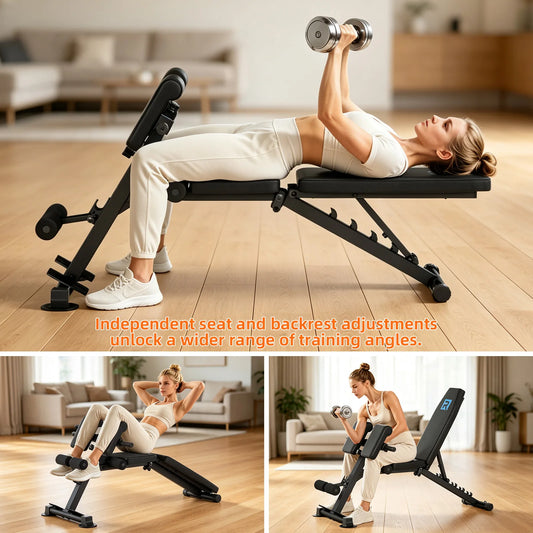 Adjustable Multi-Purpose Home Gym Weight Bench | 10 Gear Seat Adjustment & 6-Grade Backrest Incline | 5mm Heavy Steel Triangular Frame 660L lbs Load Limit | 2 Resistance Bands + Suction Anti-Slip Feet | Full Body Training Dum